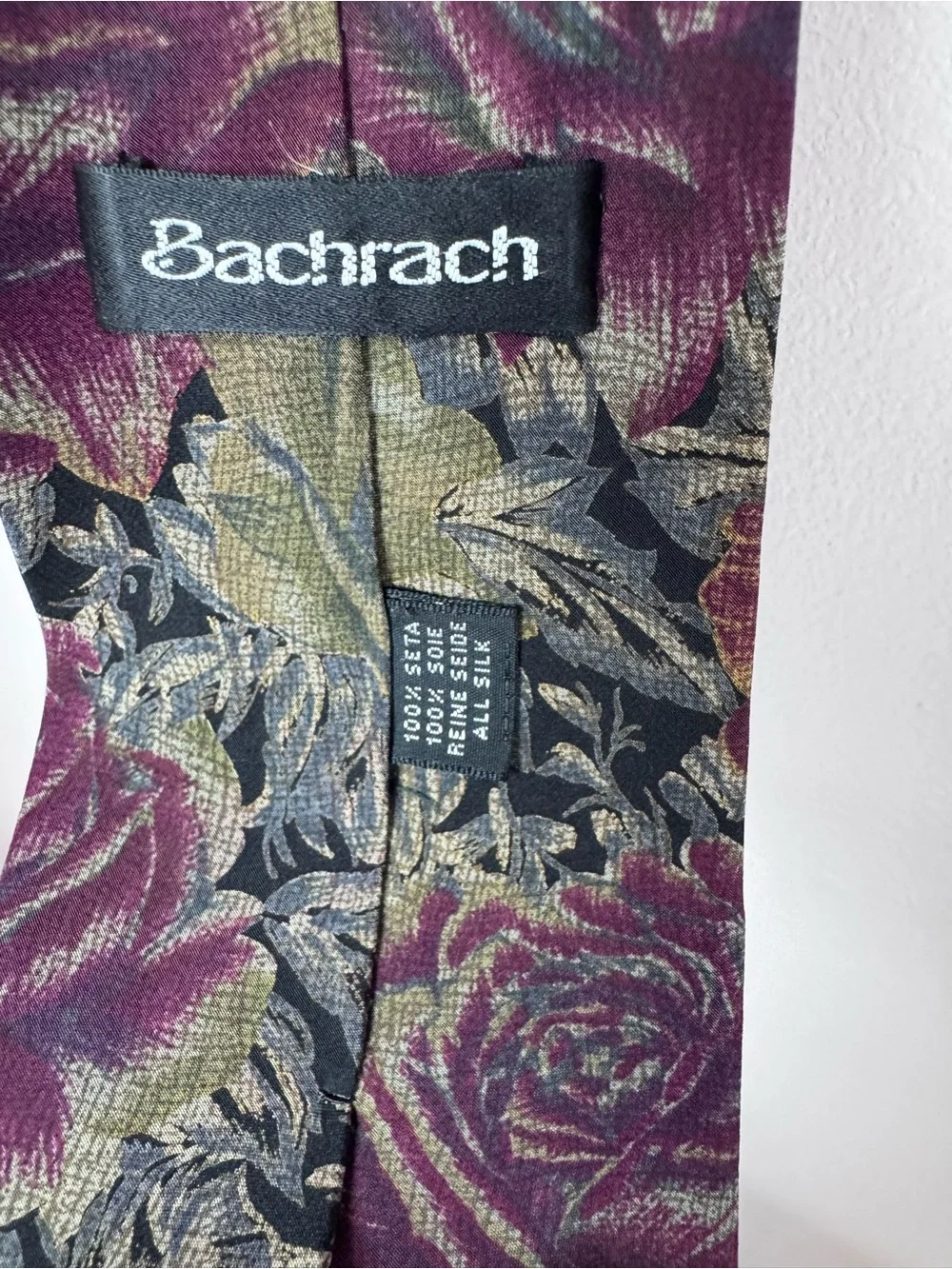 Vintage 90’s Backrach Dark Moody Burgundy & Green Floral 100% Silk Tie